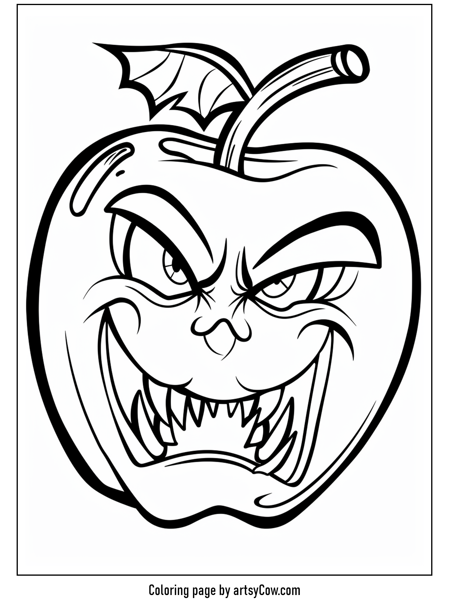 scary halloween coloring pages, a line art illustration of a spookily smiling apple with bat wings and sharp fangs, designed as a coloring page.